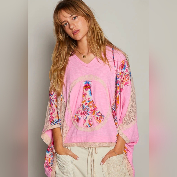 POL Pink Lace Patchwork Peace Sign Kimono Hoodie Top Oversized Boho Chic NWOT - Picture 2 of 9